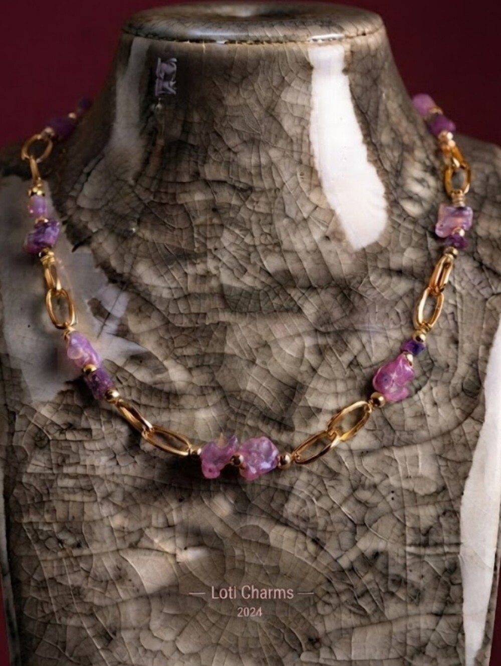 Nature's Rainbow Pink Opal In Raw Gold Plated Paperclip Necklace